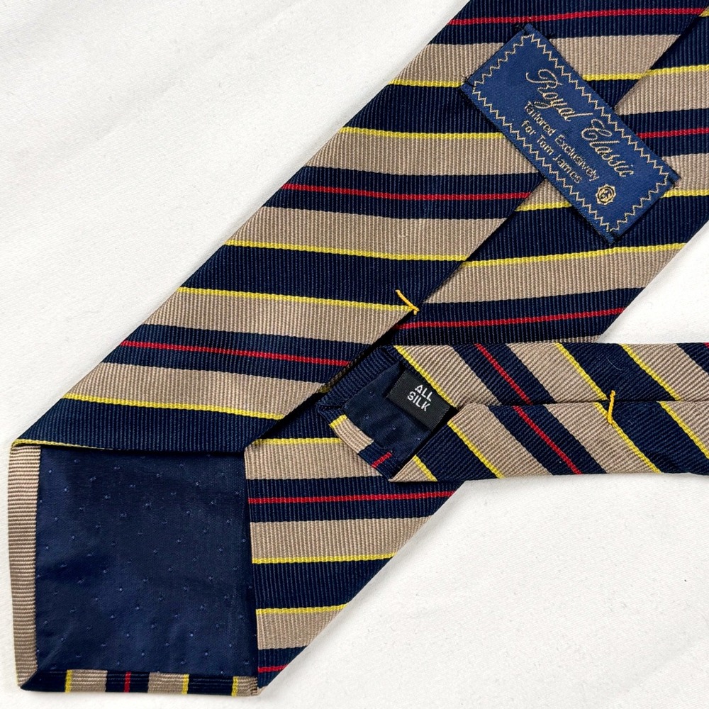 Vintage Tom James Royal Classic Silk Repp Stripe Tie Navy Tan USA Handmade - Picture 3 of 6